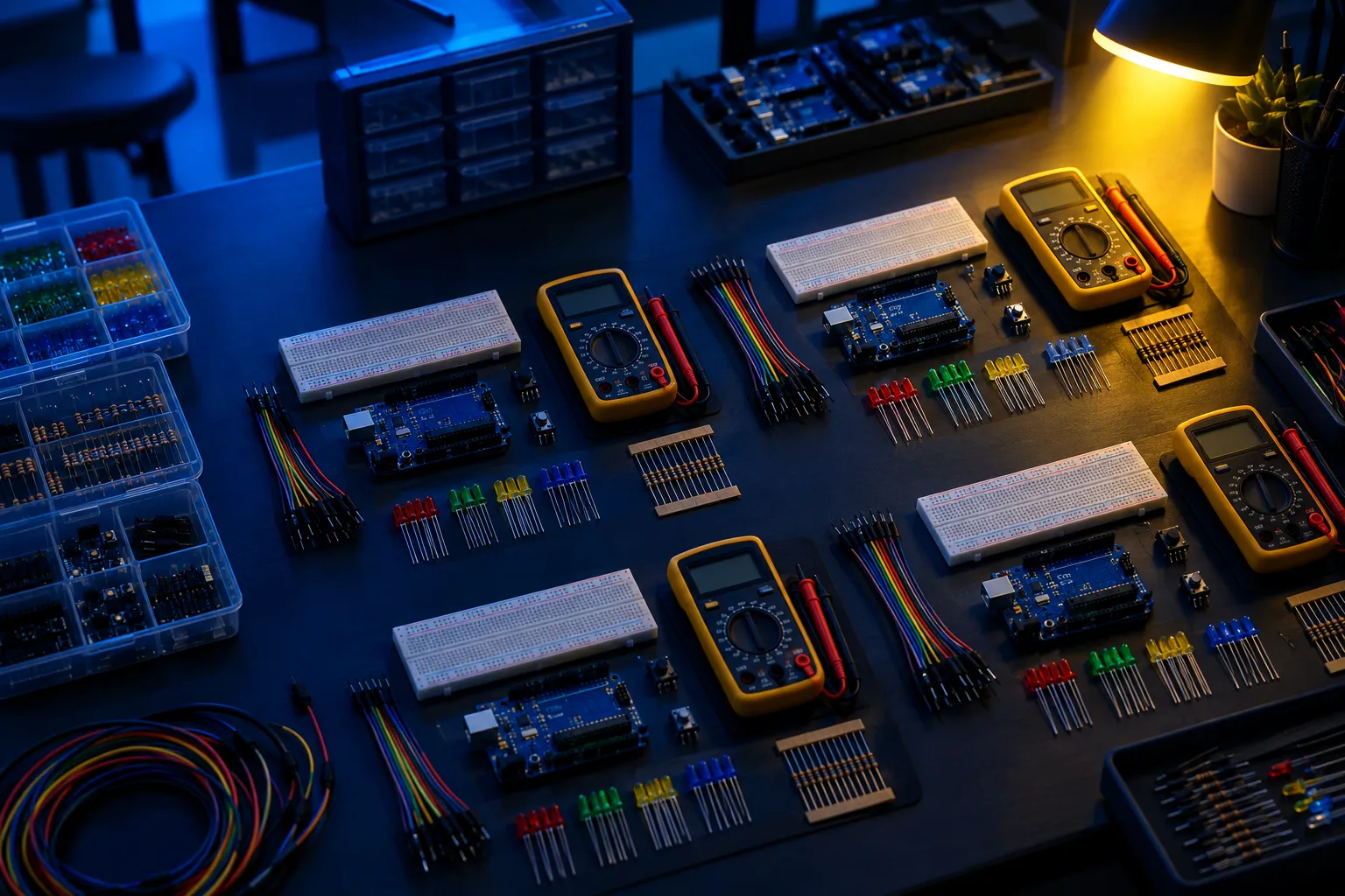 Electronics lab bench laid out with breadboards, LEDs, and Arduino kits for a student workshop